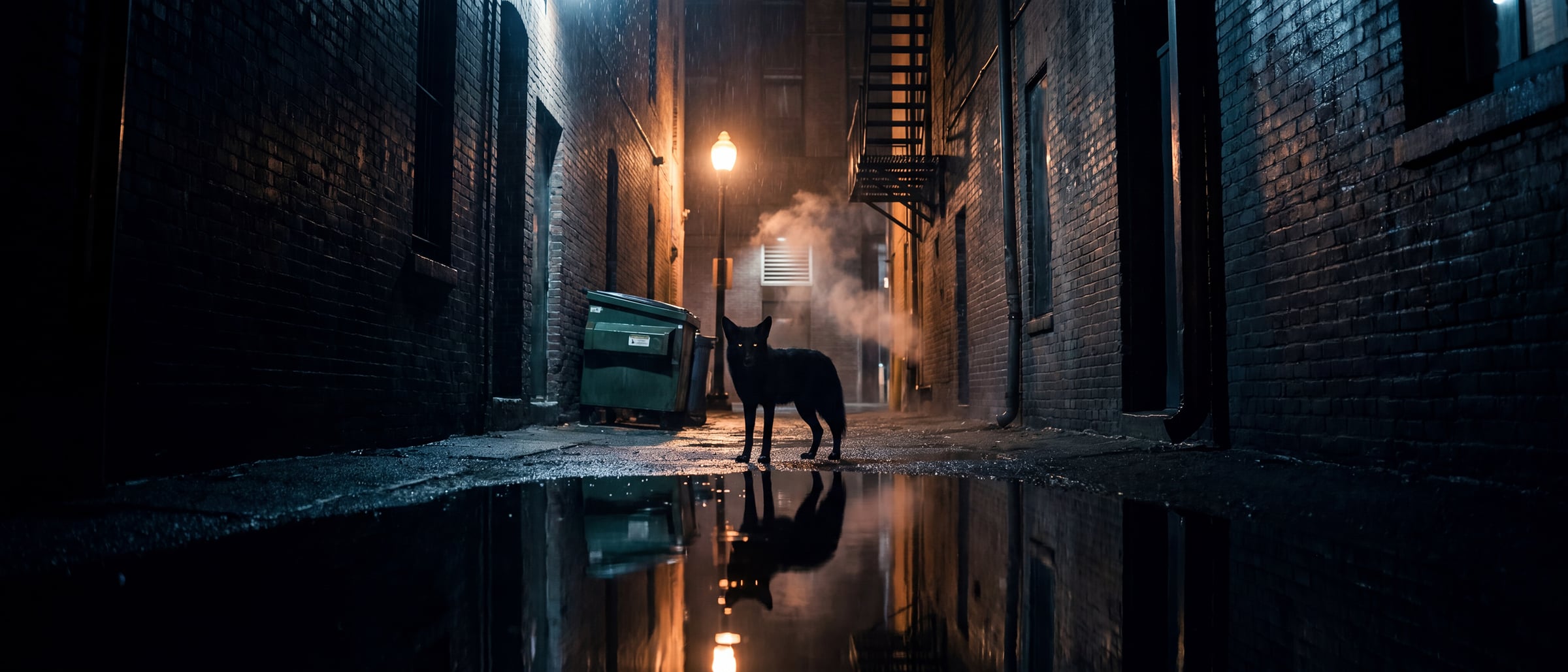 An empty Washington DC alley at night, fog rising, a single streetlamp casting amber light, a melanistic coyote barely visible at the alley mouth and reflected in a wide puddle in the foreground