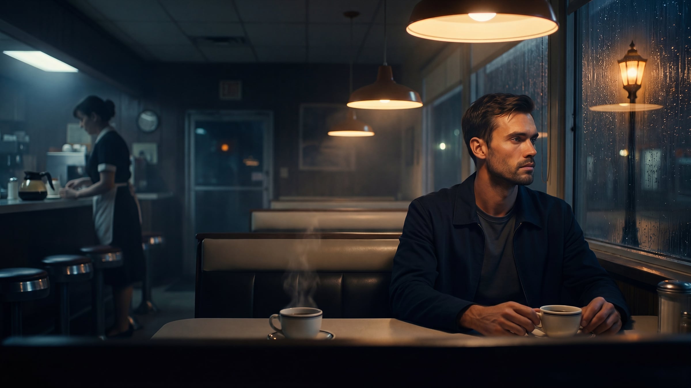 Caleb Stone in a diner booth, caught between doubt and recognition
