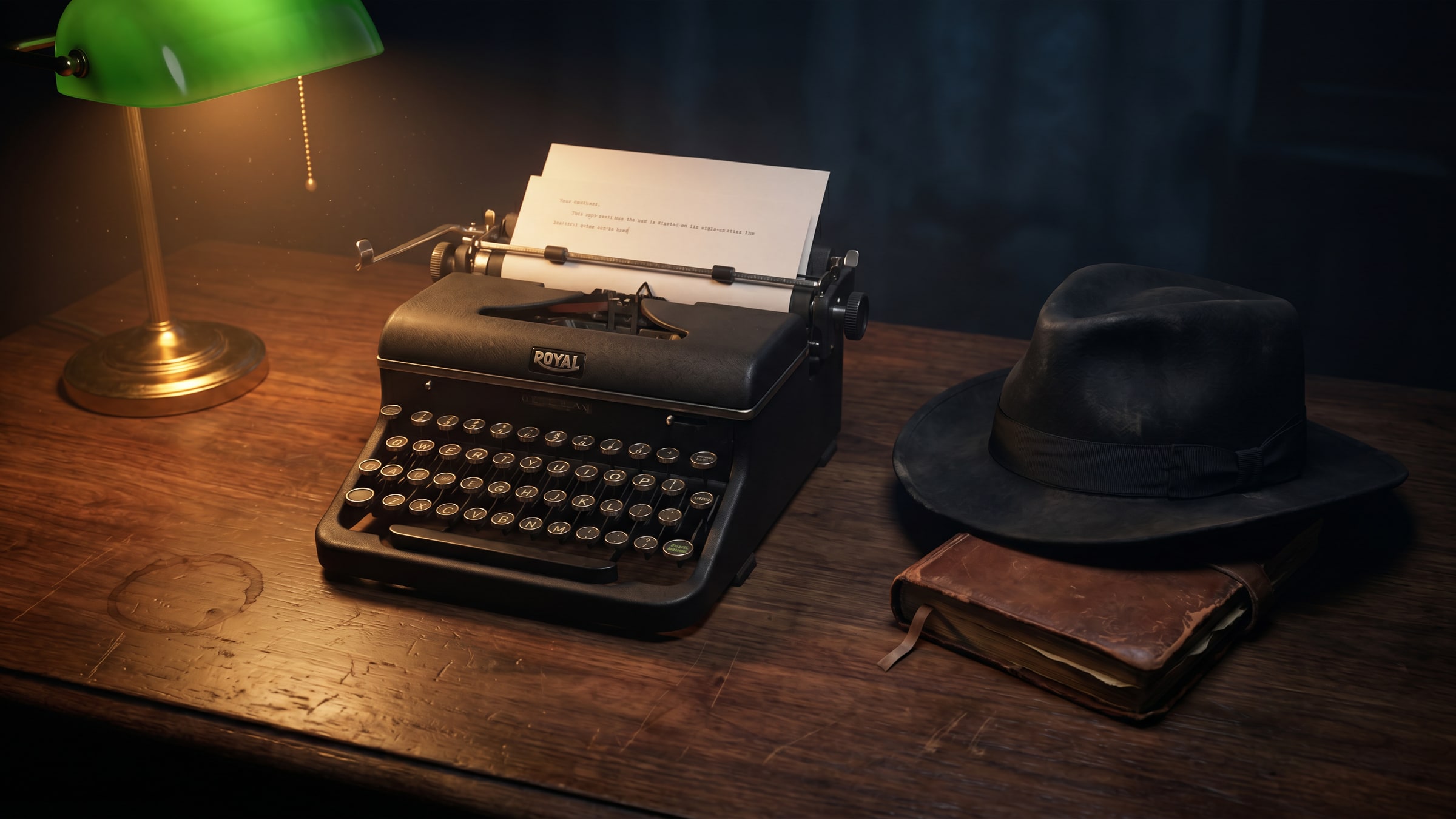 An author's writing desk: a manual typewriter, a black fedora, a leather-bound journal, and a green banker's lamp casting warm amber light across dark walnut wood.