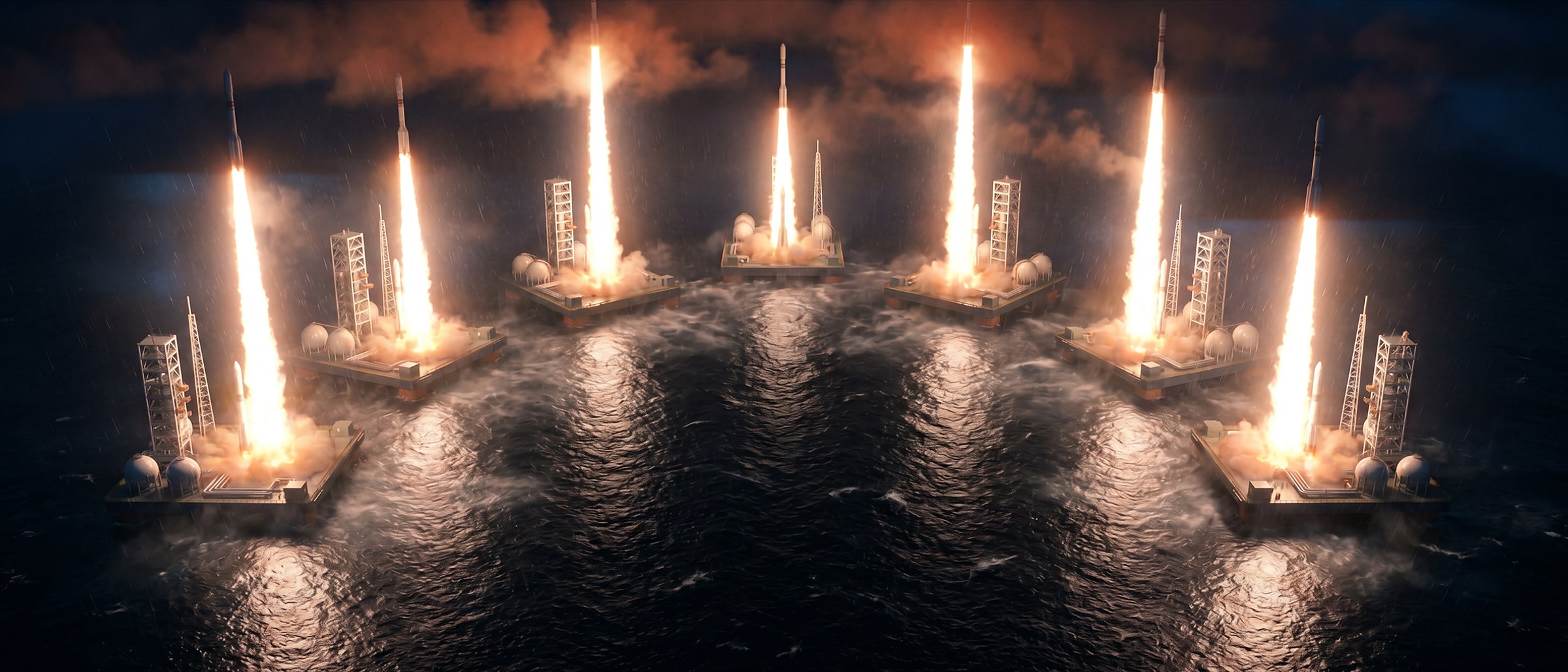Lit ocean platforms at night in the South China Sea.