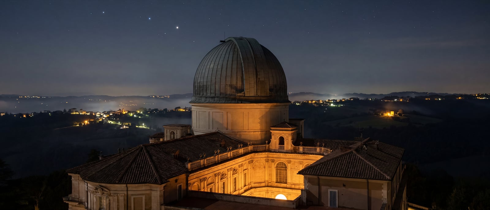 Vatican Observatory dome above Castel Gandolfo at twilight.